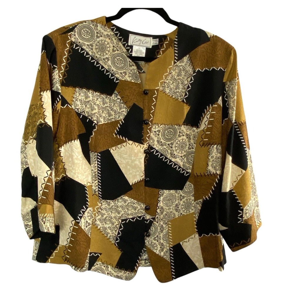 Vtg KATHY CHE Women Patchwork Print Button Front Long Sleeve Blouse Sz 14 Brown
